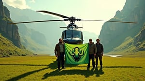 A majestic helicopter stands idle on a lush, emerald-green valley floor, surrounded by ancient trees and misty mountains. Three rugged men in earth-toned attire stand before it, one proudly holding a vibrant green banner featuring a stylized mastodon illustration. The warm sunlight casts long shadows across the valley, with the helicopter's rotors subtly visible against the serene, prehistoric landscape.