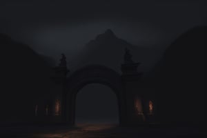 volumetric watercolor, giant city gates, in the mountains, gloomy, decorated with skulls, horror atmosphere, grotesque, general plan, realistic, 4k, high resolution, high detail, , dim lighting