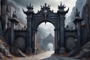 volumetric watercolor, giant city gates, in the mountains, gloomy, decorated with skulls, horror atmosphere, grotesque, general plan, realistic, 4k, high resolution, high detail, 
