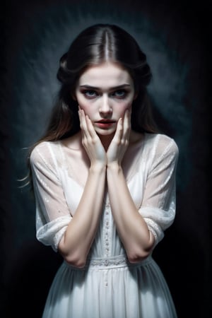 horror style, dark backgroun, figure in white half transparent In full growth,-This is a beautiful, young woman, dressed in the fashion of years gone by. She presses her hands to her chest, there are traces of passion and suffering on her pale, proud face. wondrous, inexpressibly sad eyes