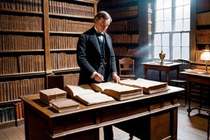 late 19th century, a respectable conservative gentleman stands in a dark, cluttered room filled with bookshelves and books and looks at a young man who is looking for something in a ledger lying on a huge table.