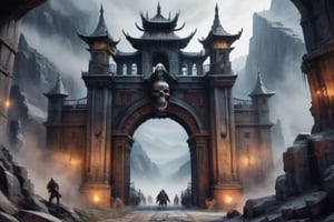 volumetric watercolor, giant city gates, in the mountains, gloomy, decorated with skulls, they are guarded by warriors in terrifying armor, horror atmosphere, grotesque, general plan, realistic, 4k, high resolution, high detail, , dim lighting