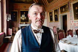 late 19th century,  respectable cleen shaved gentleman of conservative views posing in the banquet hall of his own castle.  a long room, with a low ceiling, all hung with valuable tapestries and curious relics of an ancient family, the former owners of the castle.   close-up