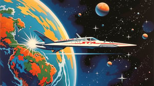 only 1starship flies through space in the direction of alpha centauri, retrofuturism art style, sci-fi