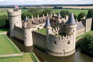 England, late 19th century, little feudal castle with battlements and a moat - an open drainage ditch surrounding it. with a portcullis in the fortress walls and two towers.