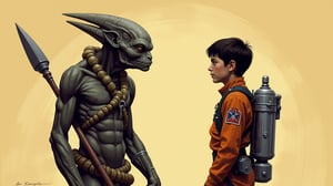 profile view, a young guy in a space explorer suit, opposite stands an alien humanoid aborigine, old and gray-haired, with a spear in his hand