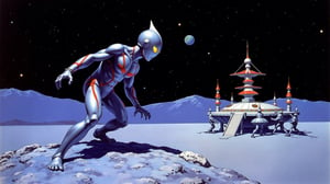 side view, ultraman flies over moon base, high resolution, 4k, high detail, bright lighting, ISO 100, neon lighting,PAINTING