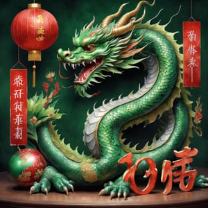 volumetric watercolor, green Chinese dragon decorated with New Year's toys, Happy New Year, very big inscription in big letters, close up  realistic,  4k,  high resolution,  high detail,  ,  bright lighting
