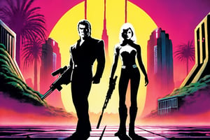 advertising poster for the fantastic action movie - "Planet of the Stranglers", a very muscular brother and sister, with weapons in their hands, black tight suits, blond hair, in the background the jungle and the architecture of East Asia, retro sci-fi style, 80s, adventures, , realistic, 4k, high resolution, bright lighting,Retro art