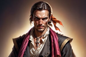 a dark background, a tanned, powerfully built pirat earrings  in his ears, and a silk scarf tied around his neck.  head drooped onto his chest, the skull is slightly visible through the skin. In one hand he has a knife and in the other a sheet of parchment.