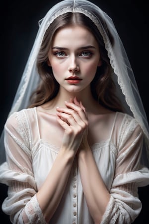 horror style, dark backgroun, figure in white half transparent -This is a beautiful, young woman, dressed in the fashion of years gone by. She presses her hands to her chest, there are traces of passion and suffering on her pale, proud face. wondrous, inexpressibly sad eyes