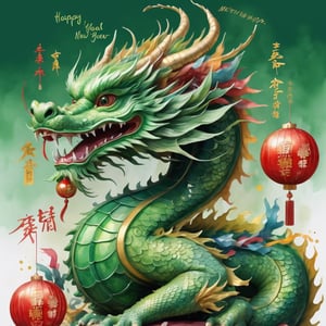 volumetric watercolor, green Chinese dragon decorated with New Year's toys, Happy New Year inscription, close up  realistic,  4k,  high resolution,  high detail,  ,  bright lighting
