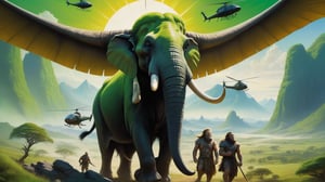 Movie Poster: close-up on Three adventurers, faces to camera, clad in earthy tones, gather around a sleek black helicopter. One figure stands out, grasping a vibrant green banner emblazoned with the majestic image of a mastodon. The sun casts a warm glow on the trio, while the lush prehistoric valley unfurls behind them, teeming with ancient flora and fauna. A symphony of greens - from the verdant landscape to the banner's bold hue - dominates this painterly scene.