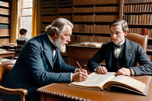 late 19th century, a respectable conservative gentleman sits in a chair in a room filled with bookshelves and books and looks at a young man who is looking for something in a ledger lying on a huge table.