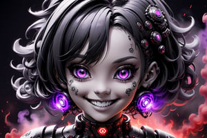 Cute woman, purple eyes, black and white hair, cybernetic face implants, extremely close up, smiling, 4k ,red smoke, detailmaster2