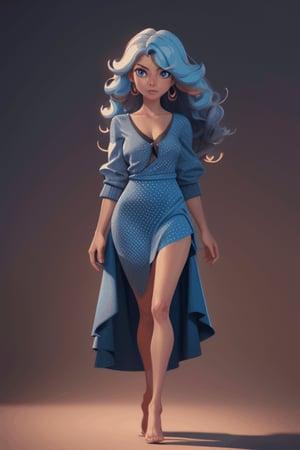 Full-body portrait, digital illustration, masterpiece, anime style, tan skin, blue eyes, perfect anatomy, long hair, two toned hair, curly hair, polka dot summer dress, centered, approaching perfection, dynamic, highly detailed, artstation, concept art, smooth, sharp focus, illustration, cinematic lighting, fine art 4k,3D, toon,