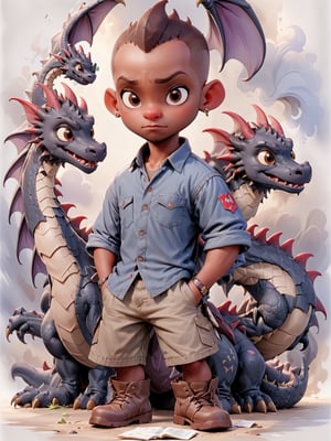 full-body, , digital illustration, adult black male, dark skinned, breathtaking, full-body,denim shorts, grey dress shirt, boots, low angle.,Brown eyes, bald head, goatee, baby dragon at his side, rendering computer, digital art, watercolor & pen, HD, 32K, UHD, HDR, High Detailed,niji style,3d style