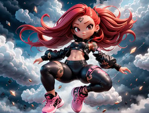 fit girl, 1woman, wearing black tech suit, long red hair, tan skin, covered in tattoos, free-falling amongst clouds, magic swirling,dark and stormy, 4k, 3D, toon, pixar, sharp focus, Full-body , ((pink high-tops)),detailmaster2