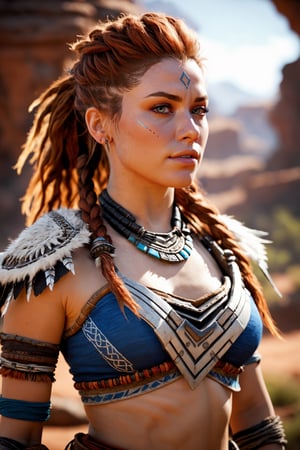 (ultra realistic, 32k, masterpiece:1.2), (rich skin texture:1.3), (uhd, dslr, high quality:1.1), nsfw, full body photo of Aloy from Horizon Zero Dawn, soft focus, perky breasts, seductive pose, alluring, sensuous, intricate details, interesting background, award-winning composition, ultrarealistic, photorealistic