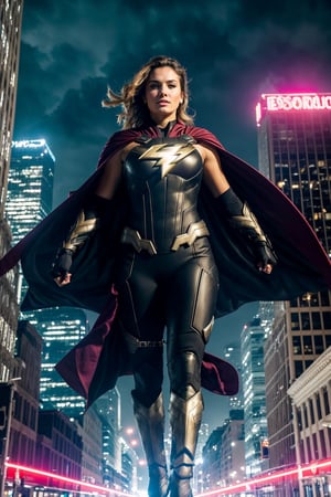 Amidst a cityscape of towering skyscrapers and neon-lit streets, chaos brews—a scene set for our formidable female superhero to emerge. With a flash of light and a rush of wind, she descends from the sky, a vision of power and valor. Her costume, a blend of sleek design and resilient armor, gleams under the city lights, a symbol of unwavering strength. She moves with an agile grace, each step a testament to her prowess. Her cape billows behind her, a flowing emblem of determination that dances with the rhythm of her movements. Eyes, bright and focused, scan the cityscape for signs of trouble. Her gaze holds a steely resolve, a reflection of her commitment to protect and defend. The city's cries for help echo in her ears, guiding her toward the heart of the turmoil. With lightning speed, she springs into action, a force to be reckoned with. Her abilities, honed through dedication and training, manifest in awe-inspiring displays of power. Whether it's superhuman strength, dazzling agility, or a mastery of elements, she wields her gifts with a sense of responsibility. In the heat of battle, she stands unwavering—a beacon of hope amidst the chaos, a guardian determined to shield the innocent from harm. Her actions are swift and decisive, calculated yet fueled by a deep-seated compassion for those in need. The city witnesses her bravery firsthand, as she faces adversaries with unwavering resolve, never faltering in her mission to defend the vulnerable and uphold justice. In this urban symphony of turmoil and heroism, she is not just a superhero; she's a symbol of courage, resilience, and unwavering determination—a protector whose valor inspires hope in the darkest of moments.