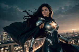 Amidst a cityscape of towering skyscrapers and neon-lit streets, chaos brews—a scene set for our formidable female superhero to emerge. With a flash of light and a rush of wind, she descends from the sky, a vision of power and valor. Her costume, a blend of sleek design and resilient armor, gleams under the city lights, a symbol of unwavering strength. She moves with an agile grace, each step a testament to her prowess. Her cape billows behind her, a flowing emblem of determination that dances with the rhythm of her movements. Eyes, bright and focused, scan the cityscape for signs of trouble. Her gaze holds a steely resolve, a reflection of her commitment to protect and defend. The city's cries for help echo in her ears, guiding her toward the heart of the turmoil. With lightning speed, she springs into action, a force to be reckoned with. Her abilities, honed through dedication and training, manifest in awe-inspiring displays of power. Whether it's superhuman strength, dazzling agility, or a mastery of elements, she wields her gifts with a sense of responsibility. In the heat of battle, she stands unwavering—a beacon of hope amidst the chaos, a guardian determined to shield the innocent from harm. Her actions are swift and decisive, calculated yet fueled by a deep-seated compassion for those in need. The city witnesses her bravery firsthand, as she faces adversaries with unwavering resolve, never faltering in her mission to defend the vulnerable and uphold justice. In this urban symphony of turmoil and heroism, she is not just a superhero; she's a symbol of courage, resilience, and unwavering determination—a protector whose valor inspires hope in the darkest of moments.,REALISTIC,Epicrealism