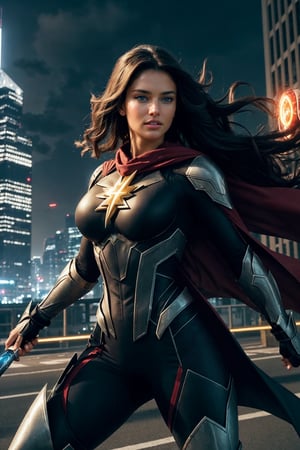 Amidst a cityscape of towering skyscrapers and neon-lit streets, chaos brews—a scene set for our formidable female superhero to emerge. With a flash of light and a rush of wind, she descends from the sky, a vision of power and valor. Her costume, a blend of sleek design and resilient armor, gleams under the city lights, a symbol of unwavering strength. She moves with an agile grace, each step a testament to her prowess. Her cape billows behind her, a flowing emblem of determination that dances with the rhythm of her movements. Eyes, bright and focused, scan the cityscape for signs of trouble. Her gaze holds a steely resolve, a reflection of her commitment to protect and defend. The city's cries for help echo in her ears, guiding her toward the heart of the turmoil. With lightning speed, she springs into action, a force to be reckoned with. Her abilities, honed through dedication and training, manifest in awe-inspiring displays of power. Whether it's superhuman strength, dazzling agility, or a mastery of elements, she wields her gifts with a sense of responsibility. In the heat of battle, she stands unwavering—a beacon of hope amidst the chaos, a guardian determined to shield the innocent from harm. Her actions are swift and decisive, calculated yet fueled by a deep-seated compassion for those in need. The city witnesses her bravery firsthand, as she faces adversaries with unwavering resolve, never faltering in her mission to defend the vulnerable and uphold justice. In this urban symphony of turmoil and heroism, she is not just a superhero; she's a symbol of courage, resilience, and unwavering determination—a protector whose valor inspires hope in the darkest of moments.,REALISTIC