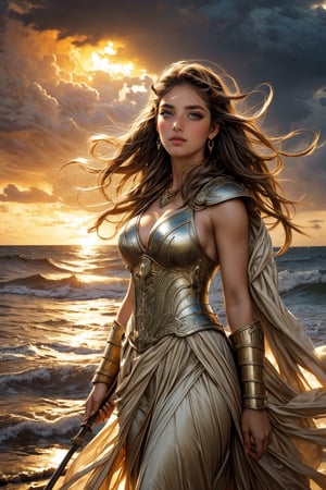 (ultra realistic, 32k, masterpiece:1.2), (realistic, rich skin textures:1.3), (uhd, dslr, high quality:1.1), Majestic Athena, defiant against storm-laden sea; golden sunset bathes ancient ruin backdrop (overgrown columns, vines), Early 20s, gleaming bronze breastplate, windswept blonde hair, detailed green-hazel eyes, owl perched on spear, Epic, powerful, unwavering confidence amid chaos, photographed with a Fujifilm DSLR, 45mm lens, f/8, cinematic thirds, shallow depth, focused on Athena, Warm sunlight vs cool storm hues, subtle wind motion blur, Tiny olive branch in armor. Golden sunset fading into storm clouds, dramatic backlighting on Athena.

Keywords: Athena, goddess, warrior, armor, owl, spear, ruin, storm, sunset, wind, lighting, epic, powerful, defiant, hope.