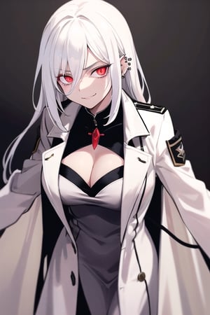  mature, woman, long white hair, red eyes, glowing eyes, commander, wearing white trench coat, piercing gaze, dominant look, seductive pose, cleavage cutout, evil smile, despair, looking down