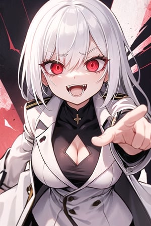  mature, woman, long white hair, red eyes, glowing eyes, commander, wearing white trench coat, piercing gaze, dominant look, seductive pose, cleavage cutout, evil smile, despair, pointing and yelling