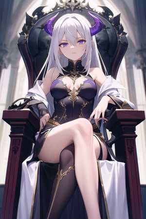  mature, woman, long white hair, purple eyes, demon lord, sitting on throne, looking down, evil 