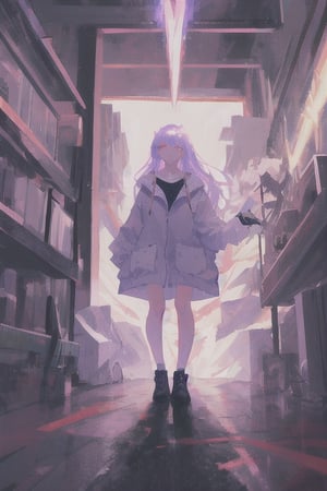 masterpiece, best quality, ultra-detailed, illustration, 1girl, glowing purple eyes, white long hair, lightning, mature, woman, oversized_clothing, indoors
