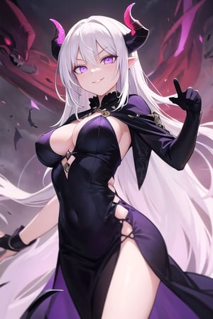  mature, woman, long white hair, purple eyes, glowing eyes, demon lord, evil, magic, seductive pose, evil smile, villain