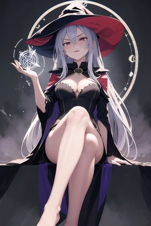 mature, witch, magic circle, long hair, seductive look, sitting looking down, villain, evil