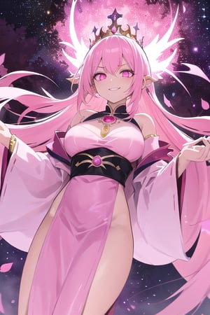 mature beautiful goddess villain evil smile tall majestic divine noble long light pink hair with pink glow light pink eyes royalty robes with pink details sakura tree background pink leaves falling arrogant queen sexy powerfull pink sky starry sky with pink stars galaxies on the sky galaxy demonic eyes demon eyes using her powers conjuring spells glowing hair glowing eyes manipulating gravity gravity powers gravity manipulation