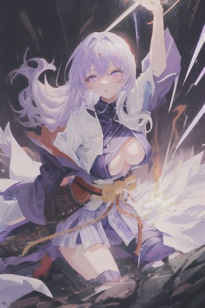 masterpiece, best quality, ultra-detailed, 1girl, white long hair, glowing eyes, detailed purple eyes, mature, woman, medium breast, overboob, samurai, seductive expression, sexy pose, lightning effects
