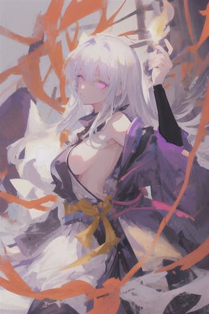 masterpiece, best quality, ultra-detailed, 1girl, white long hair, glowing eyes, detailed purple eyes, mature, woman, medium breast, overboob, samurai, seductive pose
