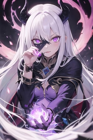  mature, woman, long white hair, purple eyes, glowing eyes, demon lord, evil, magic, 