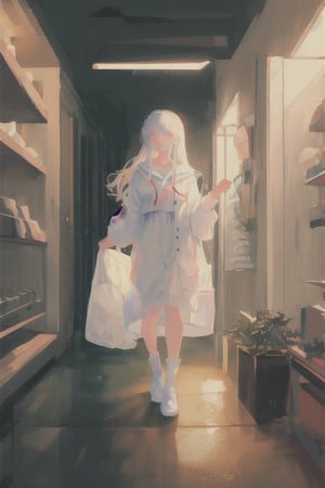 masterpiece, best quality, ultra-detailed, illustration, 1girl, glowing eyes, white long hair, mature, woman, oversized_clothing, indoors, seductive_expression
