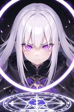  mature, woman, long white hair, purple eyes, glowing eyes, evil, demon queen, magic, despair, teary eyed, angry, magic circle