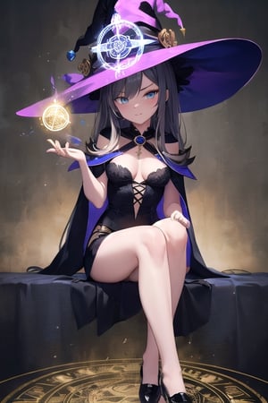 mature, witch, magic circle, long hair, seductive look, sitting looking down