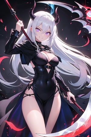  mature, woman, long white hair, purple eyes, glowing eyes, demon lord, evil, magic, seductive pose, evil smile, villain, holding scythe