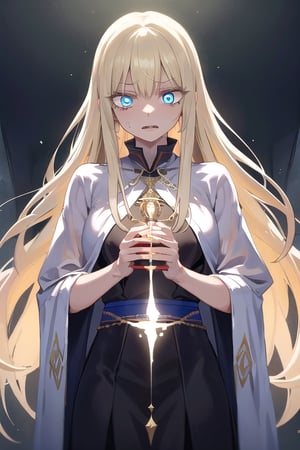  mature, woman, long blond hair, blue eyes, glowing eyes, pure priestess, evil, despair, corrupted