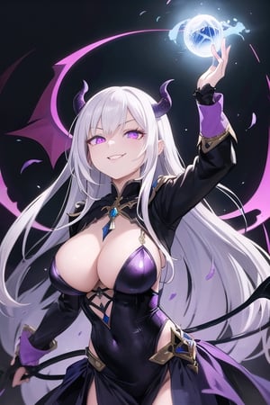  mature, woman, long white hair, purple eyes, glowing eyes, demon lord, evil, magic, seductive pose, evil smile