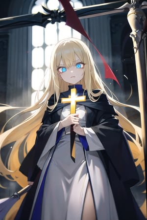  mature, woman, long blond hair, blue eyes, glowing eyes, pure, holy preistess, looking with evil despair, holding cross staff