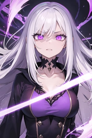  mature, woman, long white hair, purple eyes, glowing eyes, evil, magic, despair