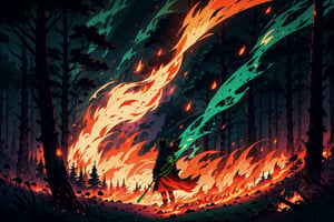 Windswept fire sweeping across a forest, a warlocks silhouette among neon green fire

tshee00d,tshee00d