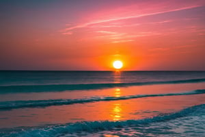 The sun appears over the sea, teal, orange, pink