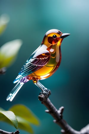 Elegant glass bird perched on a branch, depth of field 