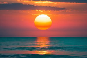 The sun appears over the sea, teal, orange, pink