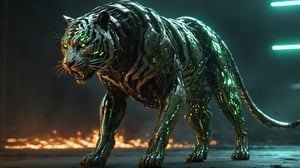 "Imagine a super-realistic depiction of a cyberpunk-style mechanical tiger, primarly black with green accents green,  biometrically-enhanced, glowing armor, glowing green eyes. This cutting-edge Hi-Tech war beast embodies the perfect blend of advanced technology and war beast aesthetics, ready to pounce on its prey, claws tearing up the ground

Set against a stunning backdrop of a futuristic,  high-tech cityscape with neon lights and skyscrapers, raging fire behind, this full-body Hi-Tech glowing primarly black with green accents green armor radiates power,  sophistication,  and the essence of a true technological beast. Capture the image in a prowling position to showcase Beast agility and prowess in this super-realistic illustration.,monster